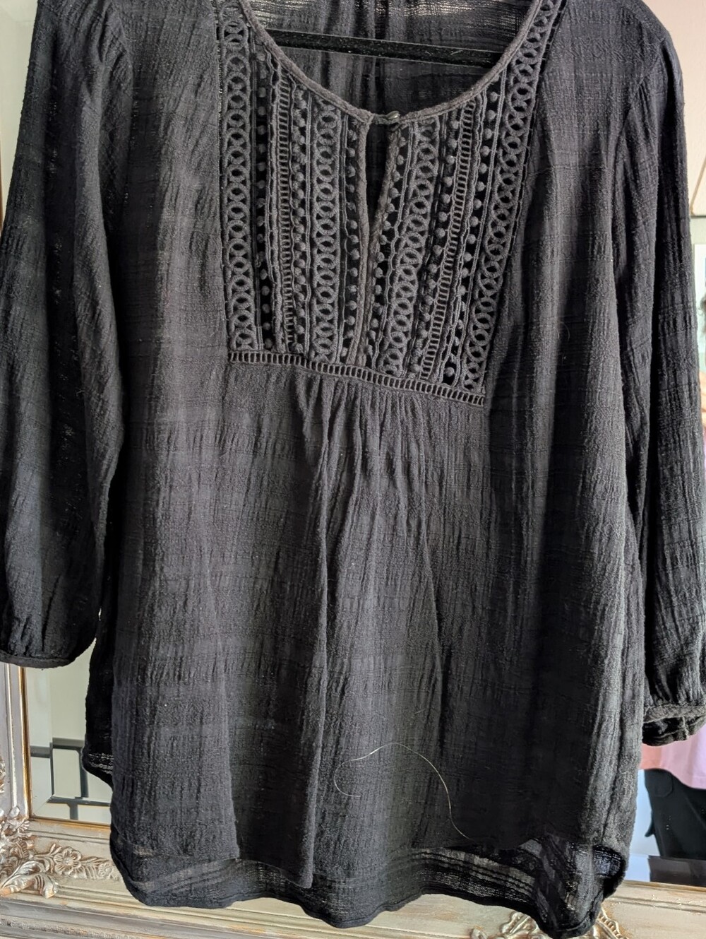 Pleione Black Gauze Crochet-Detail Women's Peasant Top large